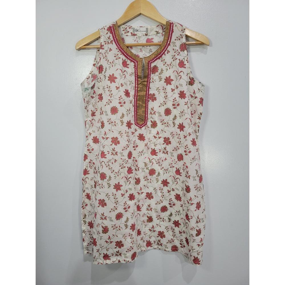 Westside Womens Floral Cotton‎ Kurti Tunic Top Pink Gold Sequin Sleeveless Large